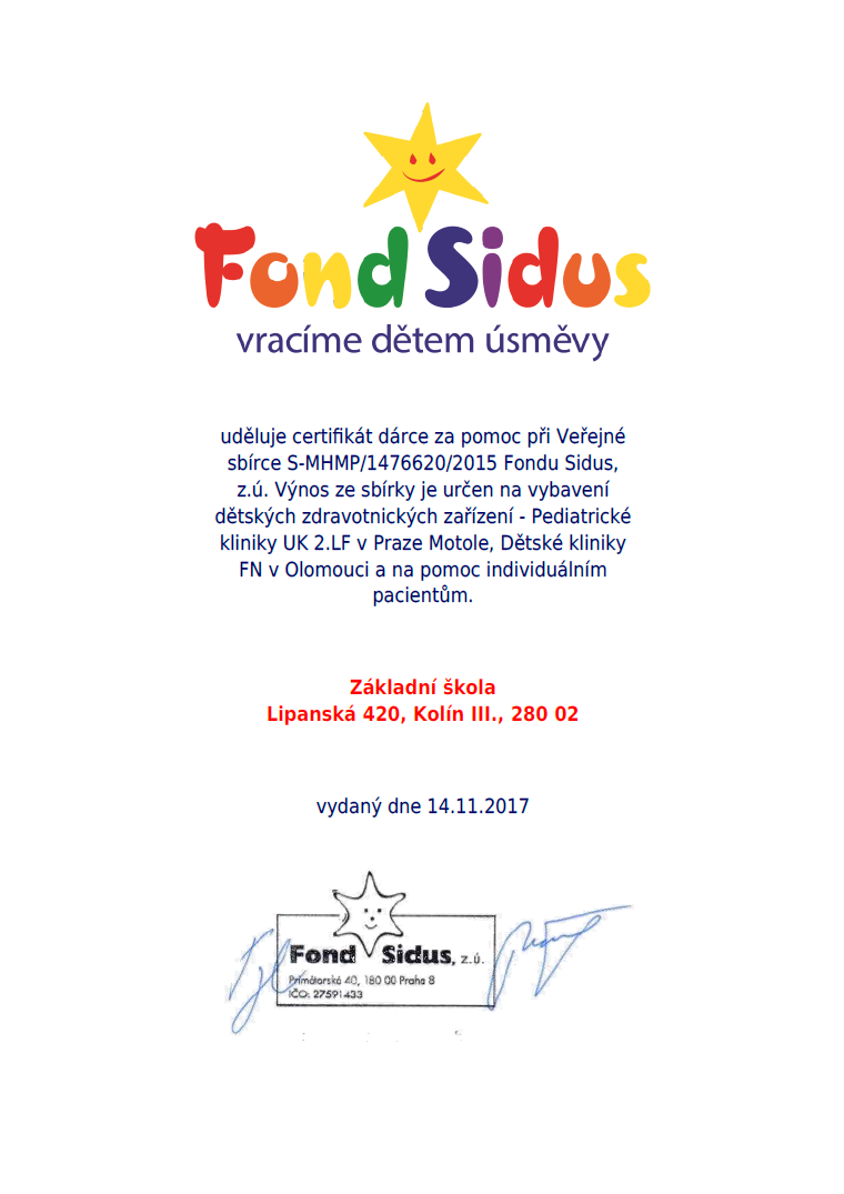 Fond Sidus - certifikát 2017